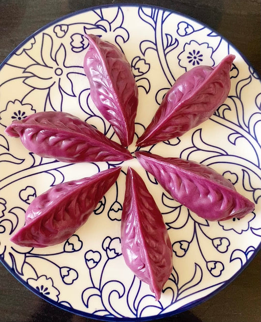 Fully Cooked Steamed Dumplings Pork & Shiitake Filling with Purple Sweet potato wrapper 1lb/12 pieces
